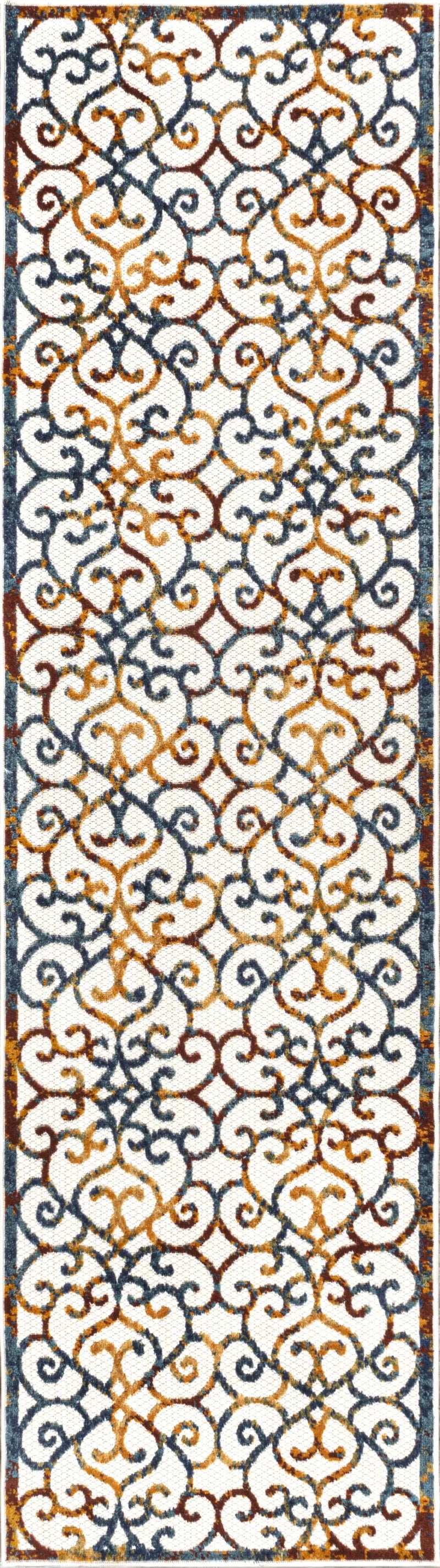 8' Cream Blue And Red Trellis Indoor Outdoor Runner Rug Homeroots Outdoor