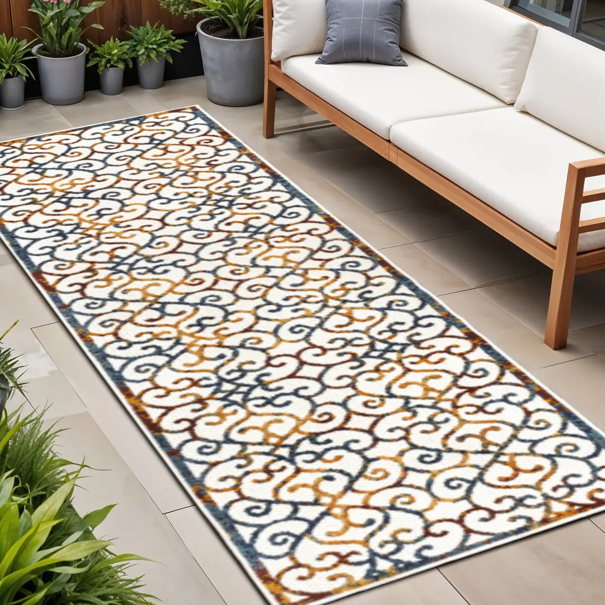 8' Cream Blue And Red Trellis Indoor Outdoor Runner Rug Homeroots Outdoor