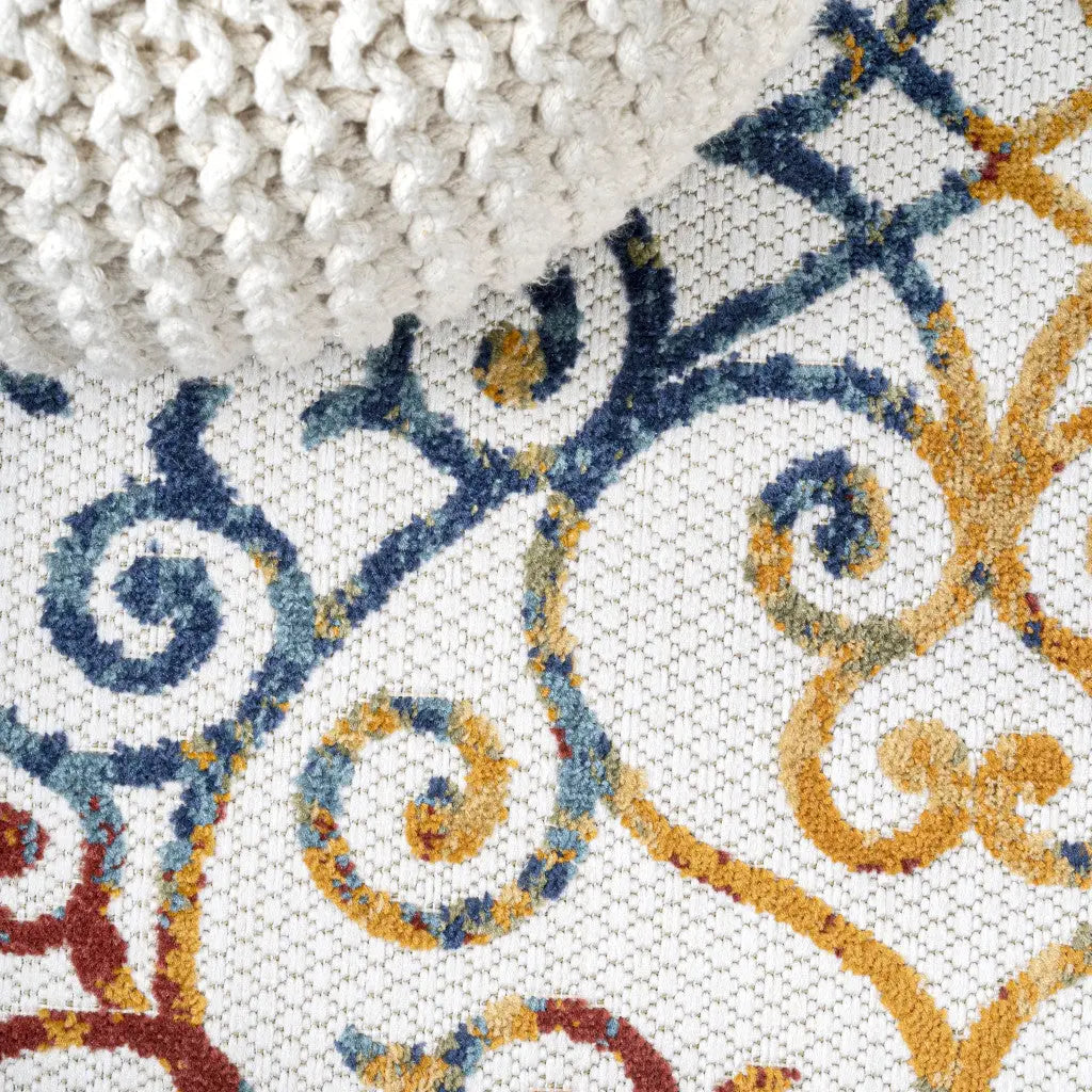 8' Cream Blue And Red Trellis Indoor Outdoor Runner Rug Homeroots Outdoor