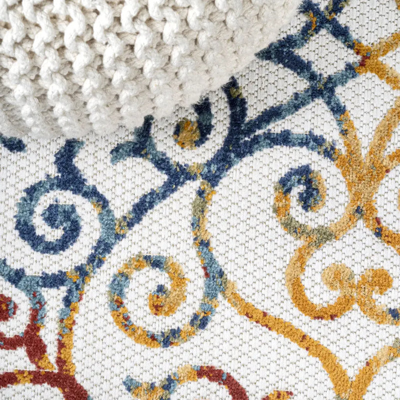 8' Cream Blue And Red Trellis Indoor Outdoor Runner Rug Homeroots Outdoor