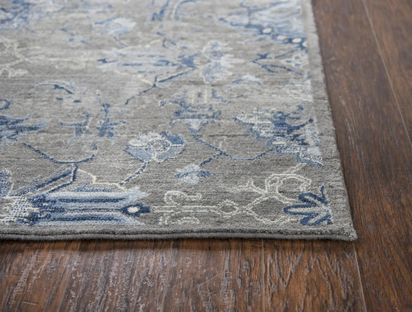 8' Dark Gray Blue And Light Gray New Zealand Lambs Wool Floral Hand Carved Handmade Area Rug Homeroots Home Decor
