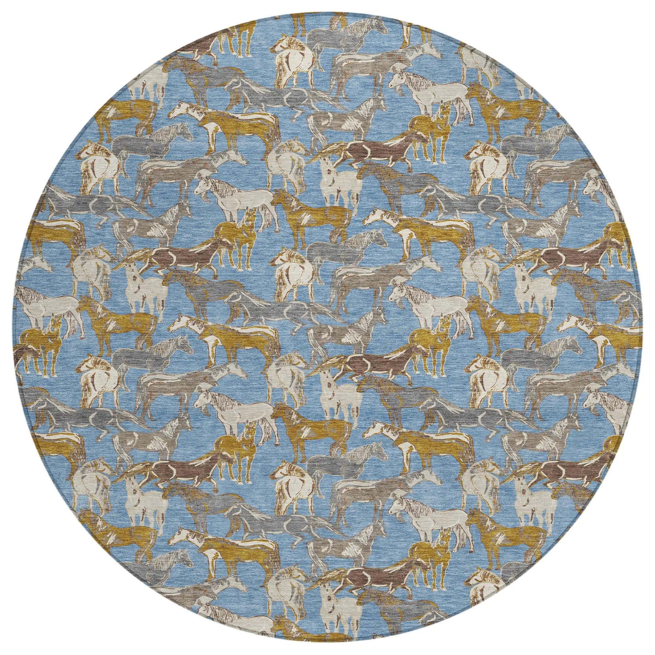 8' Denim Blue And Beige Round Horse Washable Indoor Outdoor Area Rug Homeroots Outdoor