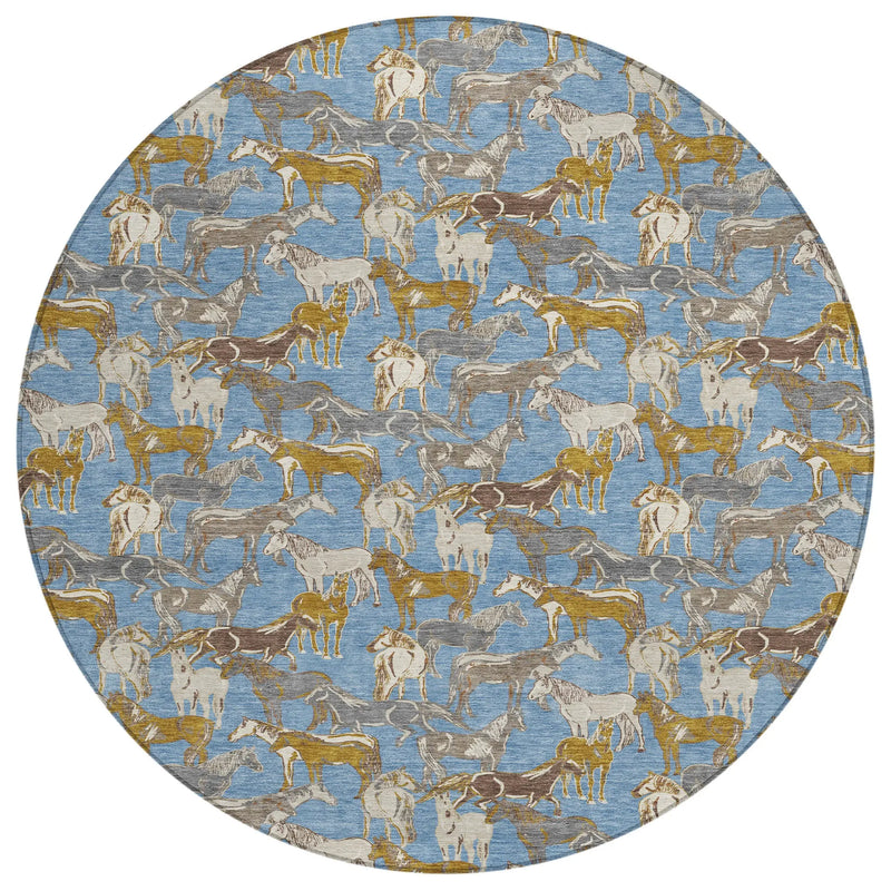 8' Denim Blue And Beige Round Horse Washable Indoor Outdoor Area Rug Homeroots Outdoor