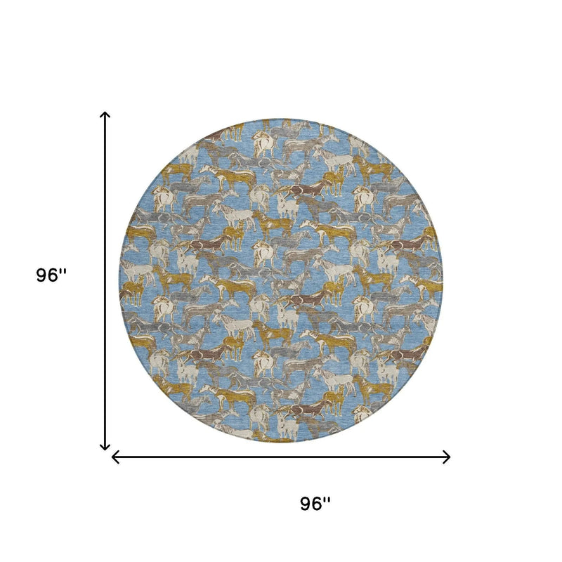 8' Denim Blue And Beige Round Horse Washable Indoor Outdoor Area Rug Homeroots Outdoor