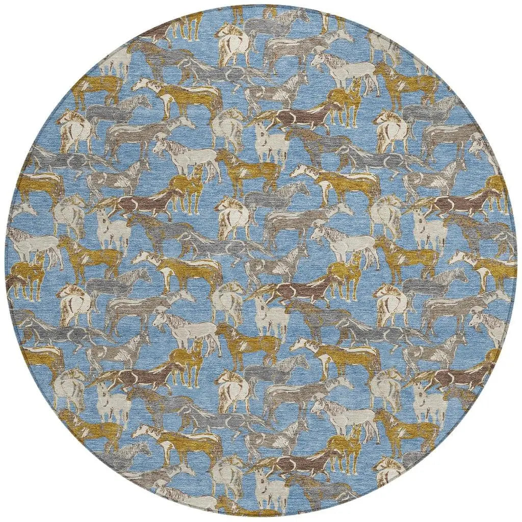 8' Denim Blue And Beige Round Horse Washable Indoor Outdoor Area Rug Homeroots Outdoor