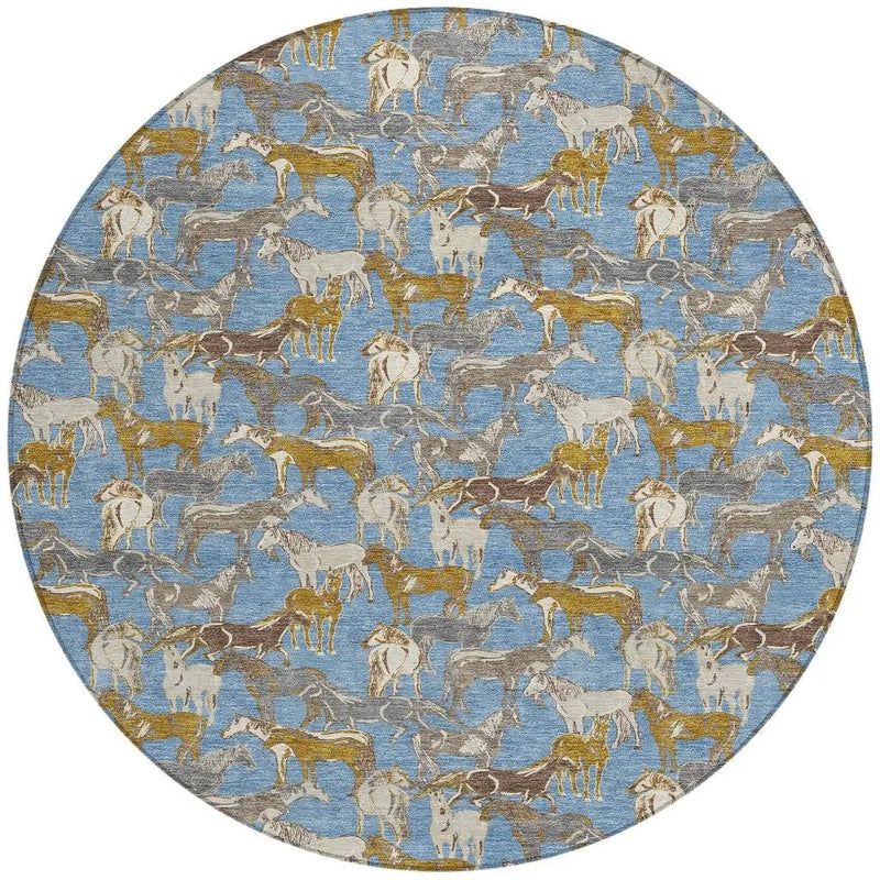 8' Denim Blue And Beige Round Horse Washable Indoor Outdoor Area Rug Homeroots Outdoor