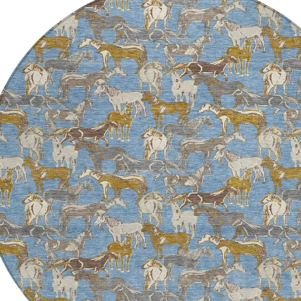 8' Denim Blue And Beige Round Horse Washable Indoor Outdoor Area Rug Homeroots Outdoor