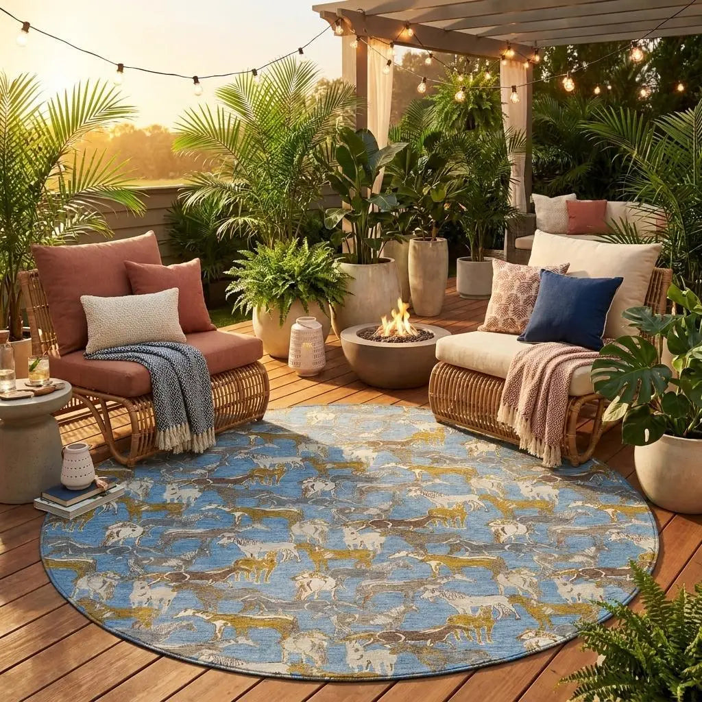 8' Denim Blue And Beige Round Horse Washable Indoor Outdoor Area Rug Homeroots Outdoor