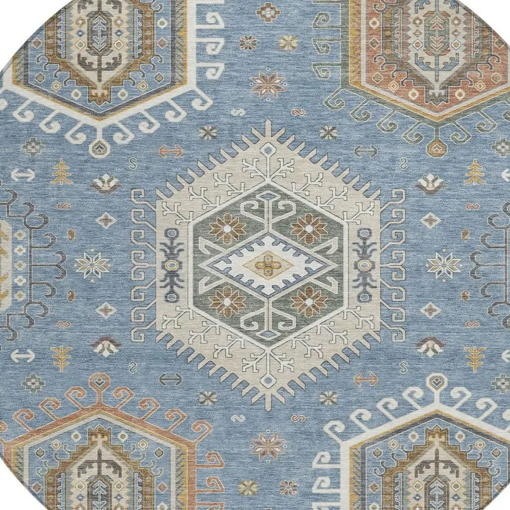 8' Denim Blue And Beige Round Tribal Washable Indoor Outdoor Area Rug Homeroots Outdoor