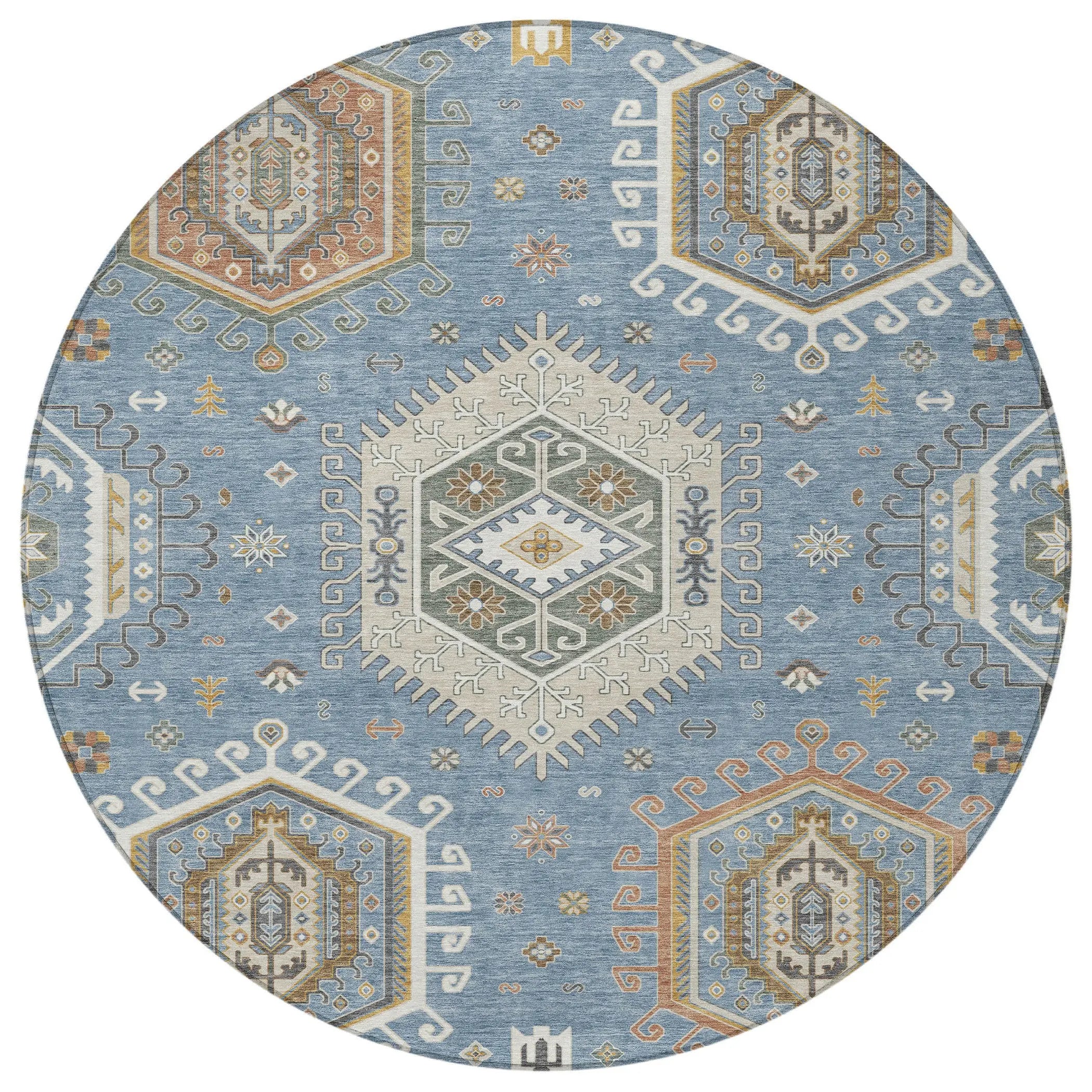 8' Denim Blue And Beige Round Tribal Washable Indoor Outdoor Area Rug Homeroots Outdoor