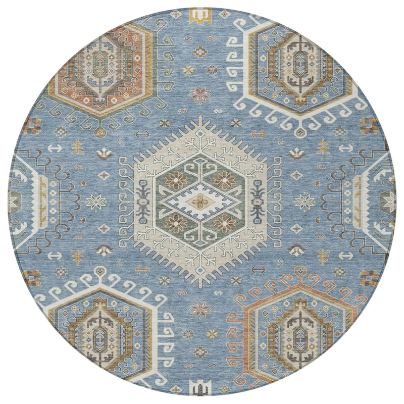 8' Denim Blue And Beige Round Tribal Washable Indoor Outdoor Area Rug Homeroots Outdoor