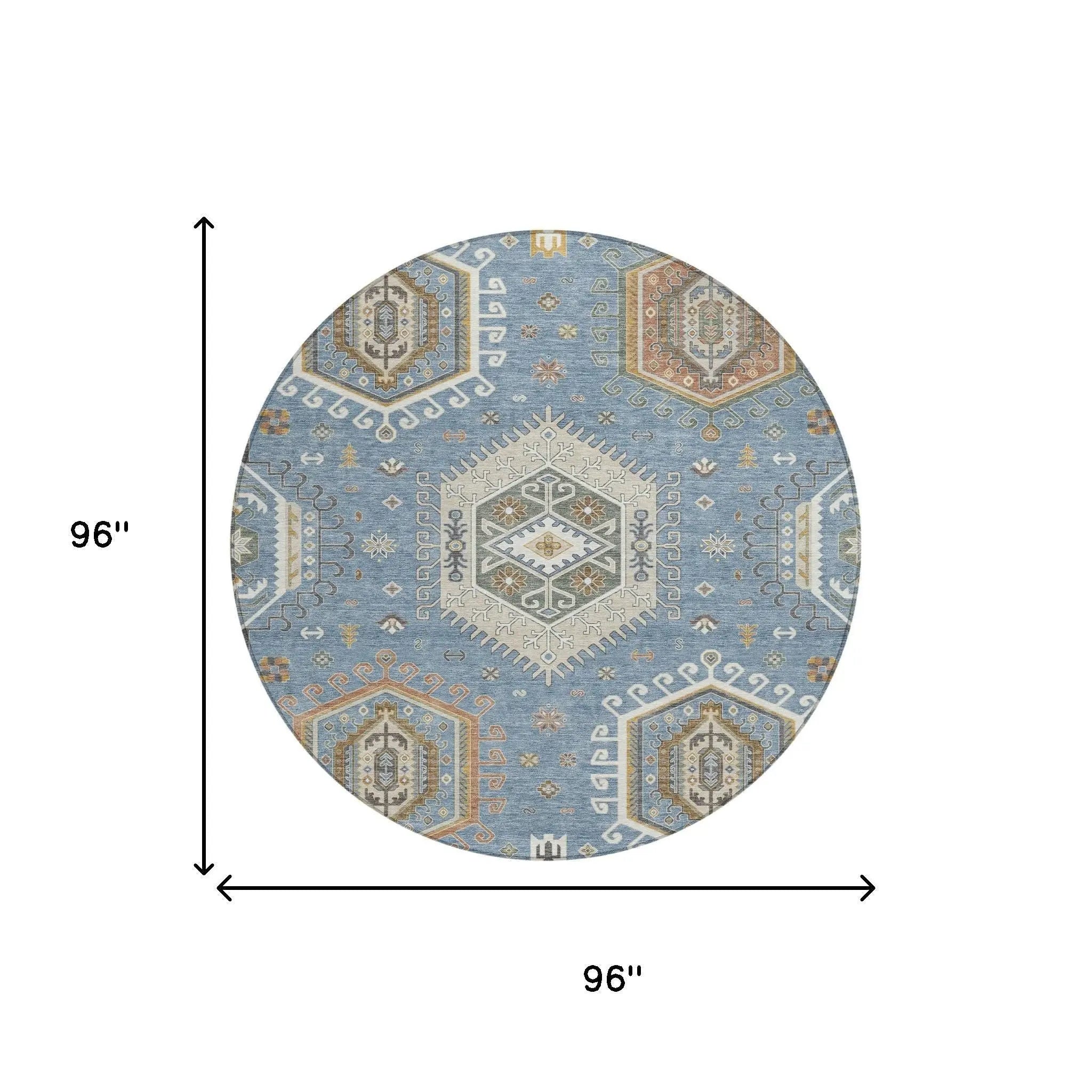 8' Denim Blue And Beige Round Tribal Washable Indoor Outdoor Area Rug Homeroots Outdoor