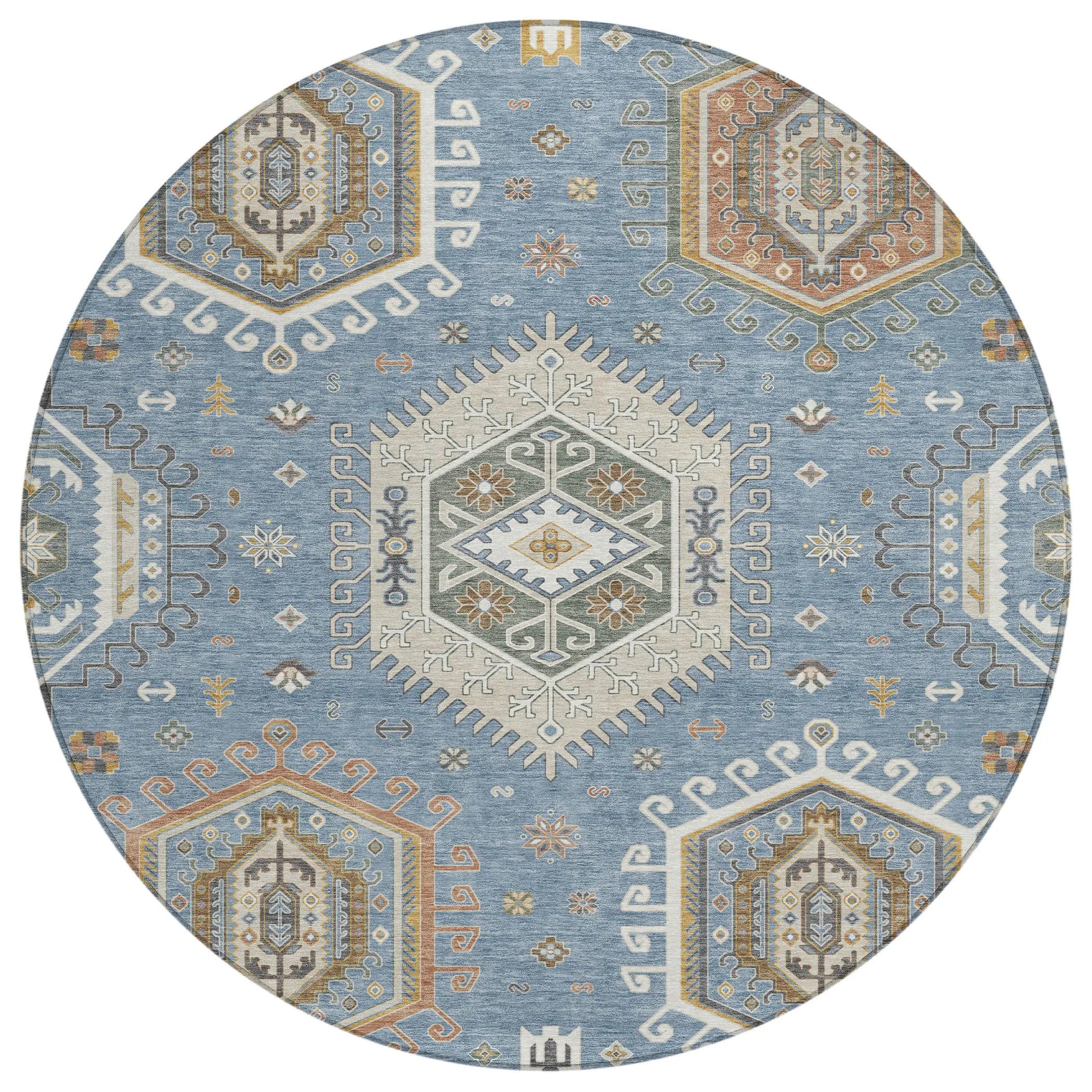 8' Denim Blue And Beige Round Tribal Washable Indoor Outdoor Area Rug Homeroots Outdoor