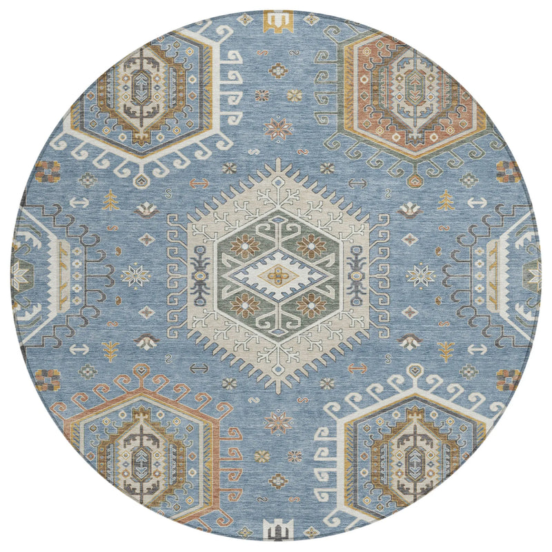 8' Denim Blue And Beige Round Tribal Washable Indoor Outdoor Area Rug Homeroots Outdoor