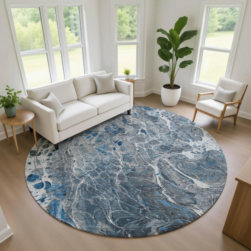 8' Denim Blue And Blue Round Abstract Washable Indoor Outdoor Area Rug Homeroots Outdoor