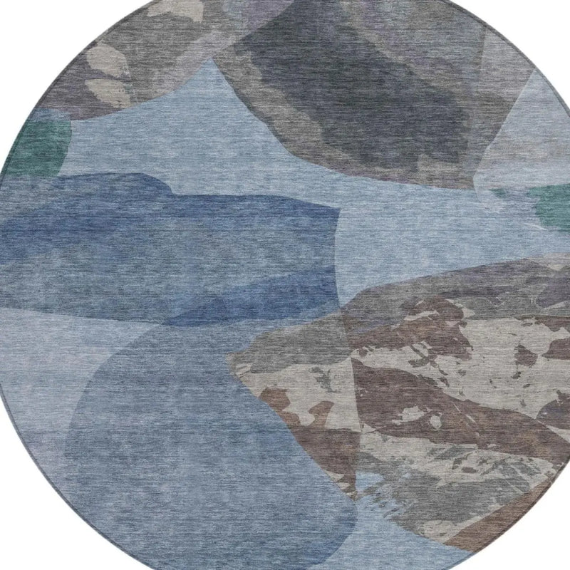 8' Denim Blue And Blue Round Abstract Washable Indoor Outdoor Area Rug Homeroots Outdoor