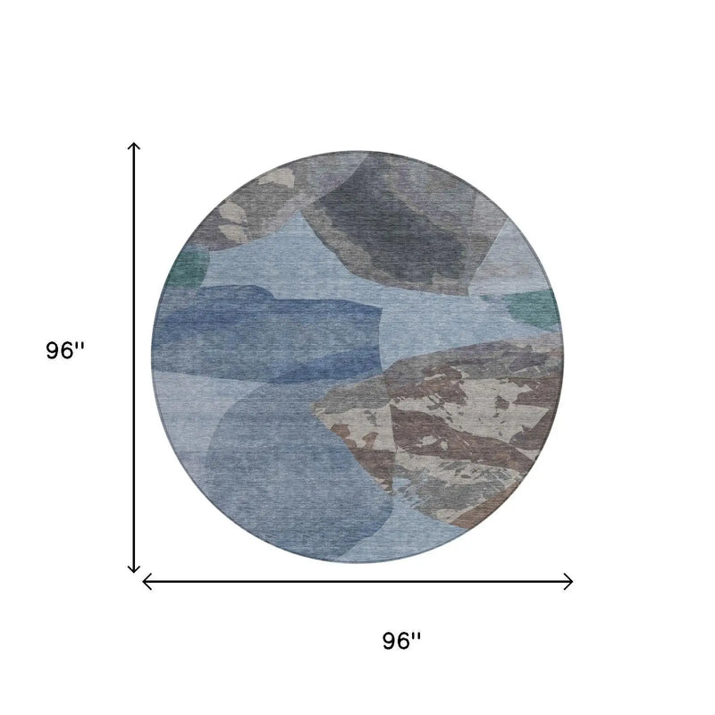 8' Denim Blue And Blue Round Abstract Washable Indoor Outdoor Area Rug Homeroots Outdoor