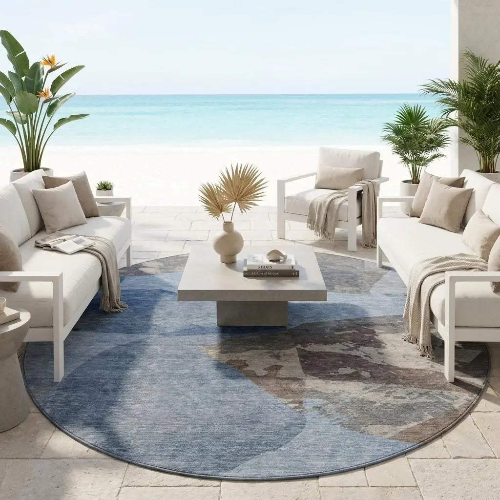 8' Denim Blue And Blue Round Abstract Washable Indoor Outdoor Area Rug Homeroots Outdoor