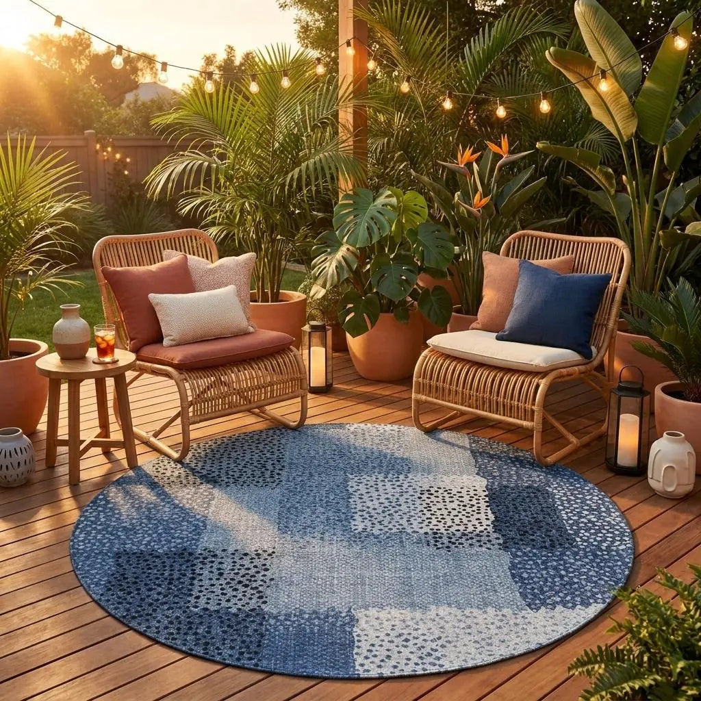8' Denim Blue And Blue Round Abstract Washable Indoor Outdoor Area Rug Homeroots Outdoor