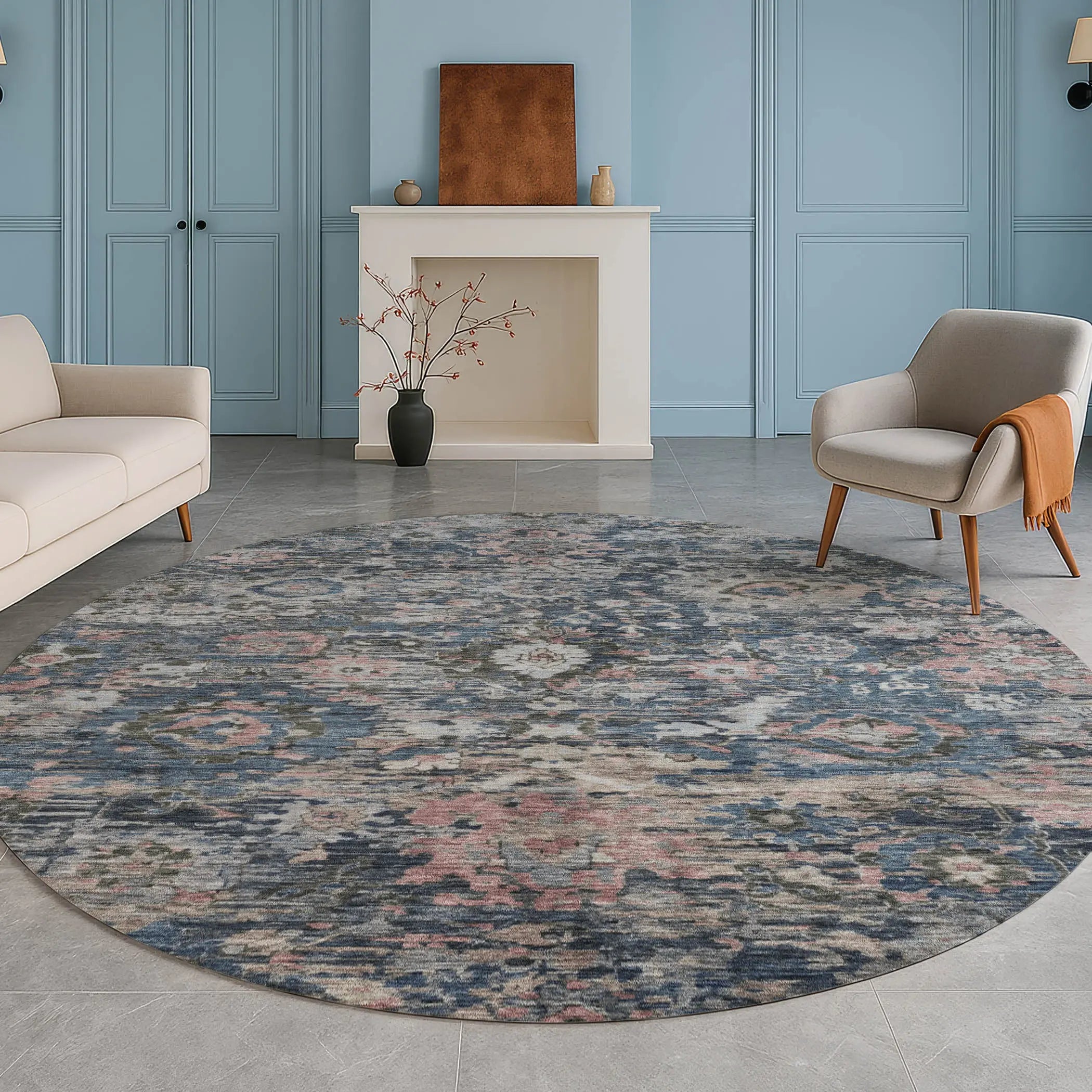 8' Denim Blue And Blue Round Floral Washable Indoor Outdoor Area Rug Homeroots Outdoor