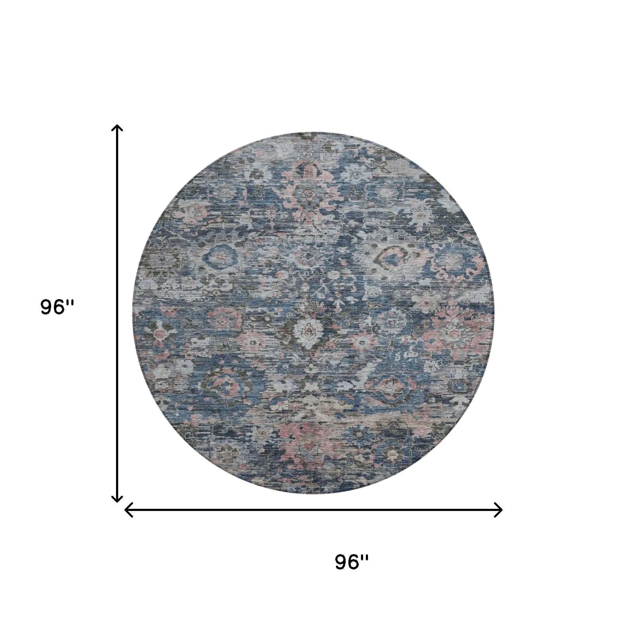 8' Denim Blue And Blue Round Floral Washable Indoor Outdoor Area Rug Homeroots Outdoor