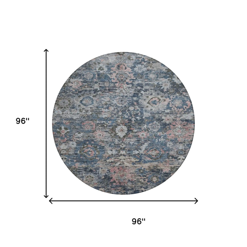 8' Denim Blue And Blue Round Floral Washable Indoor Outdoor Area Rug Homeroots Outdoor