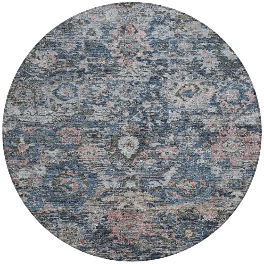 8' Denim Blue And Blue Round Floral Washable Indoor Outdoor Area Rug Homeroots Outdoor