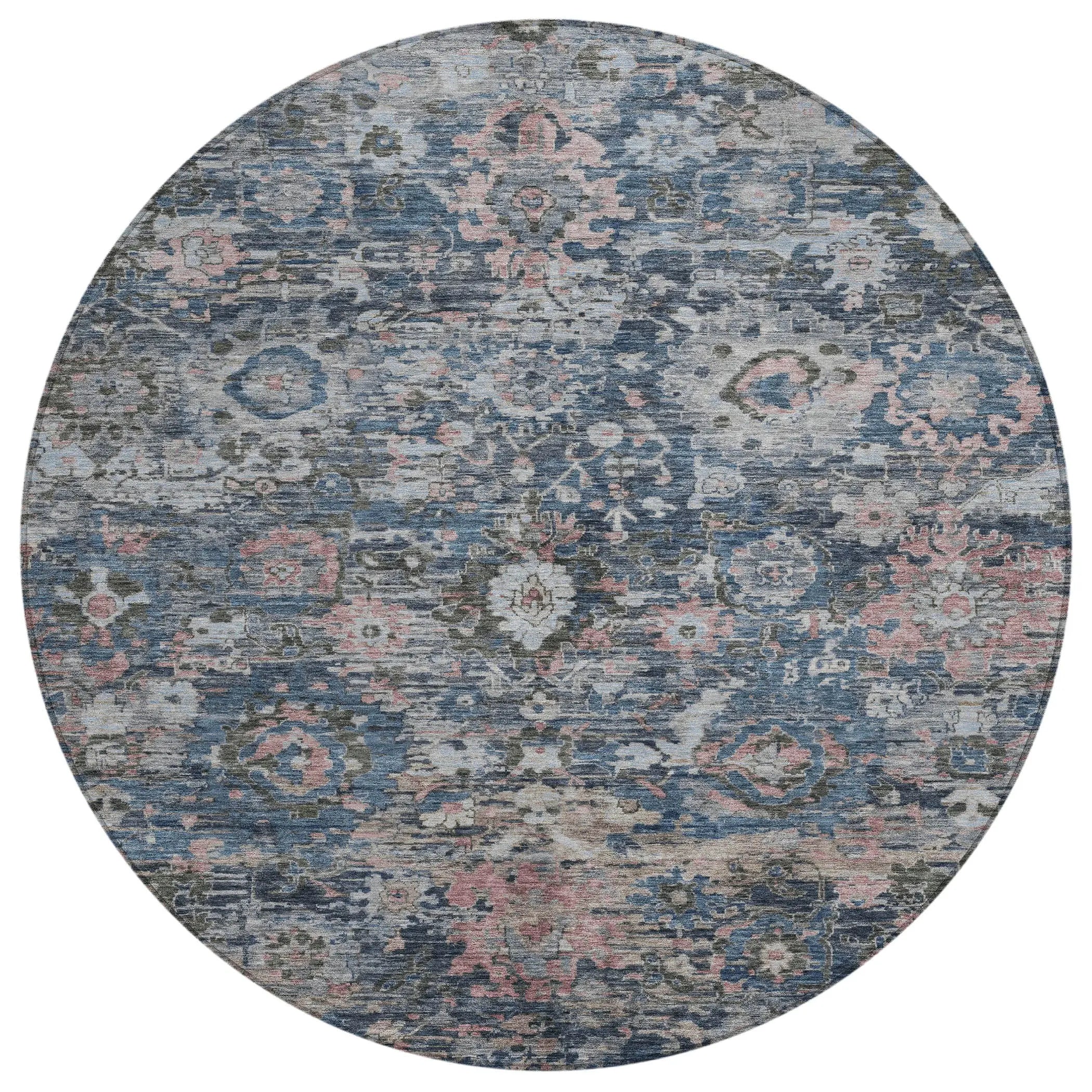8' Denim Blue And Blue Round Floral Washable Indoor Outdoor Area Rug Homeroots Outdoor