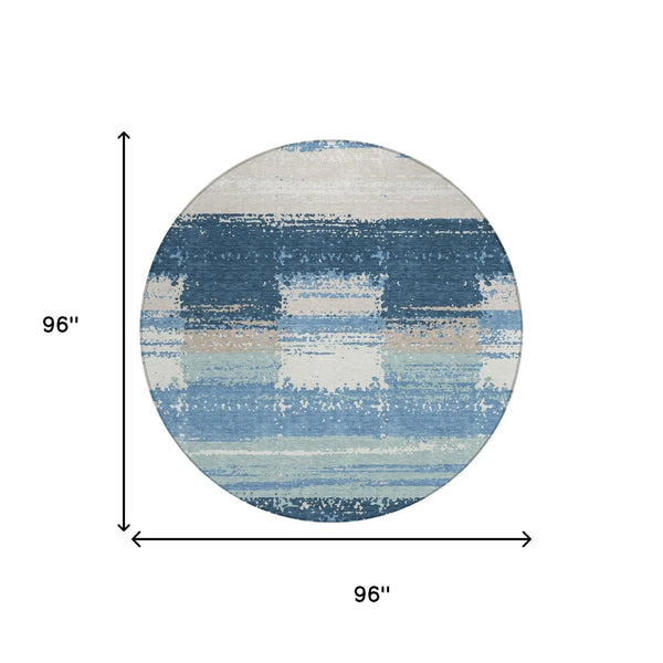 8' Denim Blue And Blue Round Geometric Washable Indoor Outdoor Area Rug Homeroots Outdoor