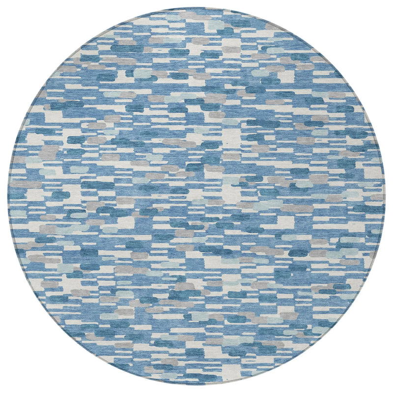 8' Denim Blue And Blue Round Geometric Washable Indoor Outdoor Area Rug Homeroots Outdoor