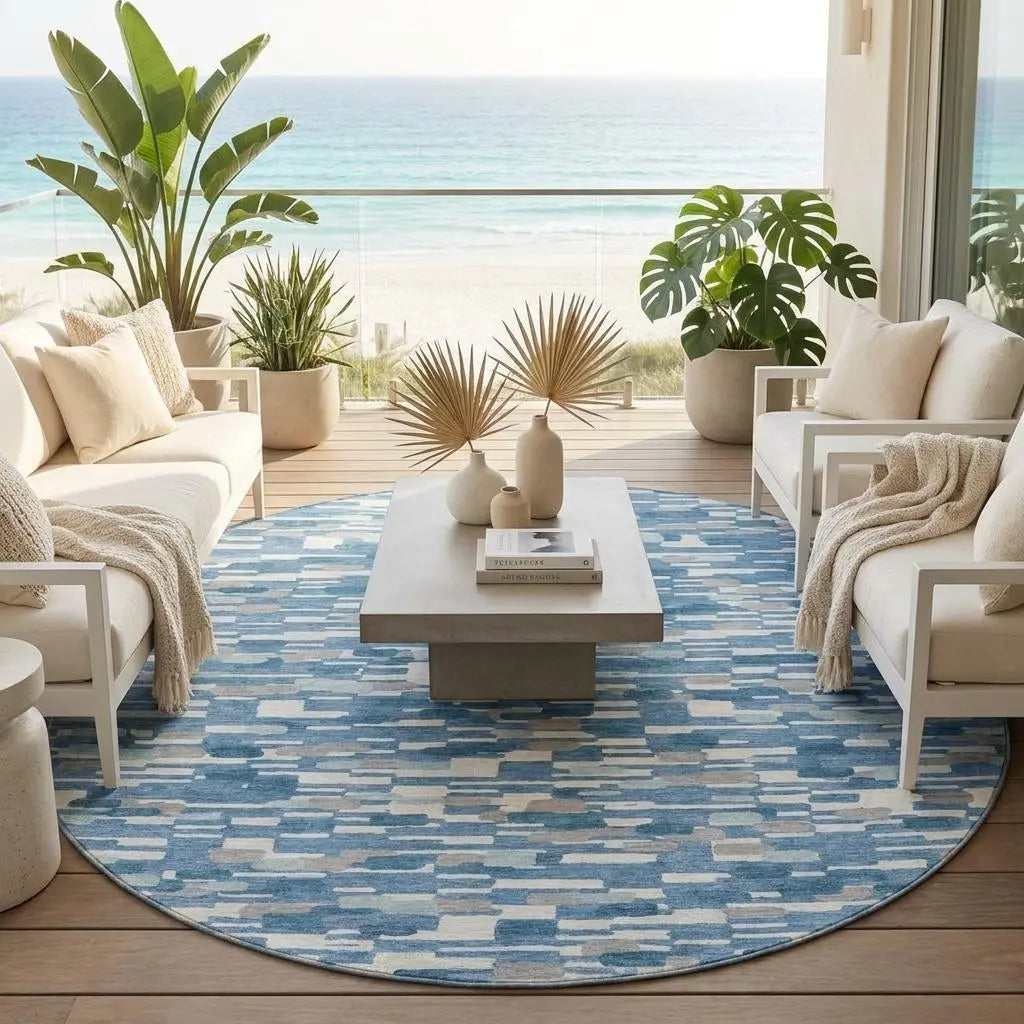 8' Denim Blue And Blue Round Geometric Washable Indoor Outdoor Area Rug Homeroots Outdoor