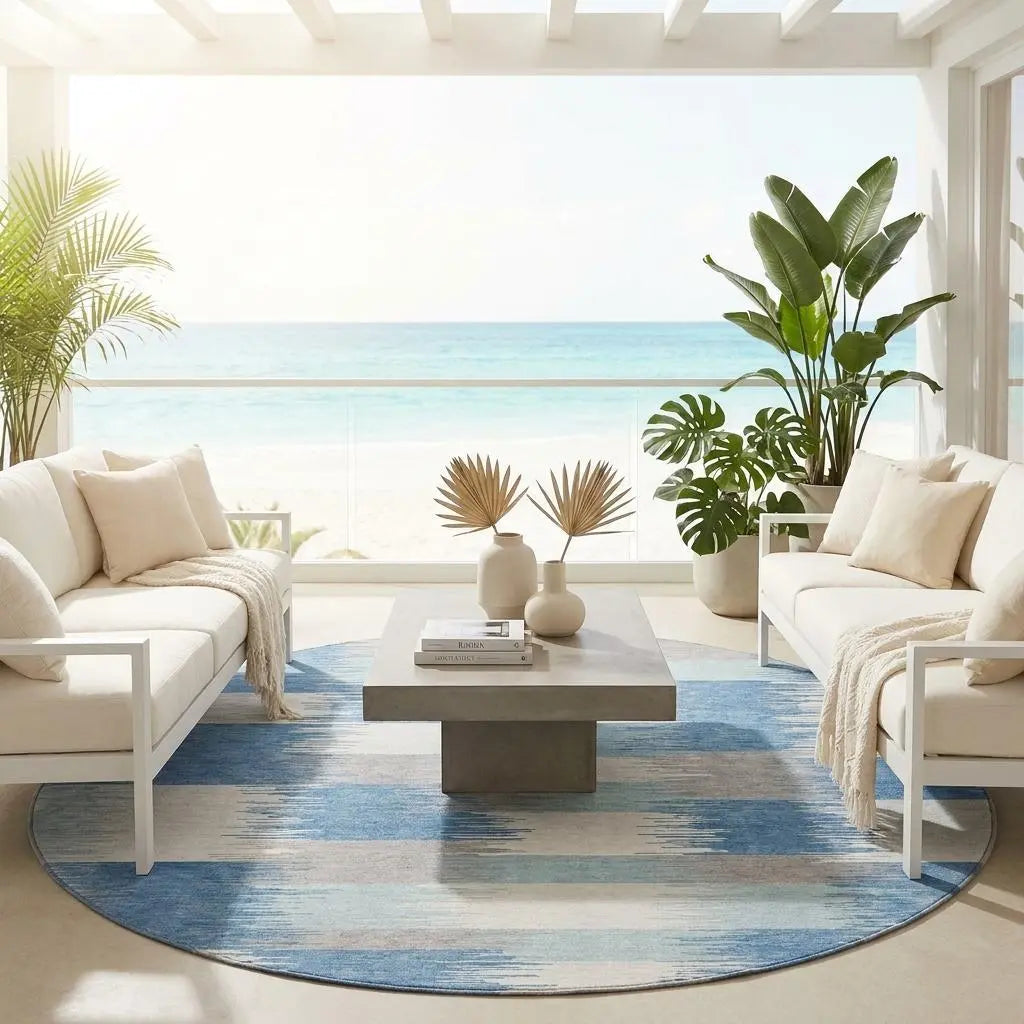 8' Denim Blue And Blue Round Geometric Washable Indoor Outdoor Area Rug Homeroots Outdoor