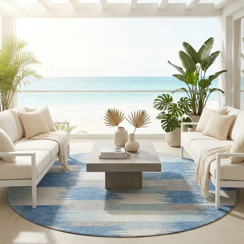 8' Denim Blue And Blue Round Geometric Washable Indoor Outdoor Area Rug Homeroots Outdoor