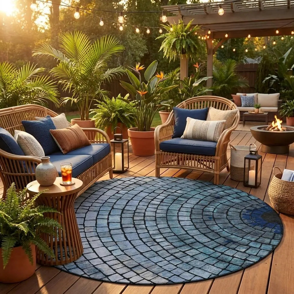 8' Denim Blue And Blue Round Geometric Washable Indoor Outdoor Area Rug Homeroots Outdoor