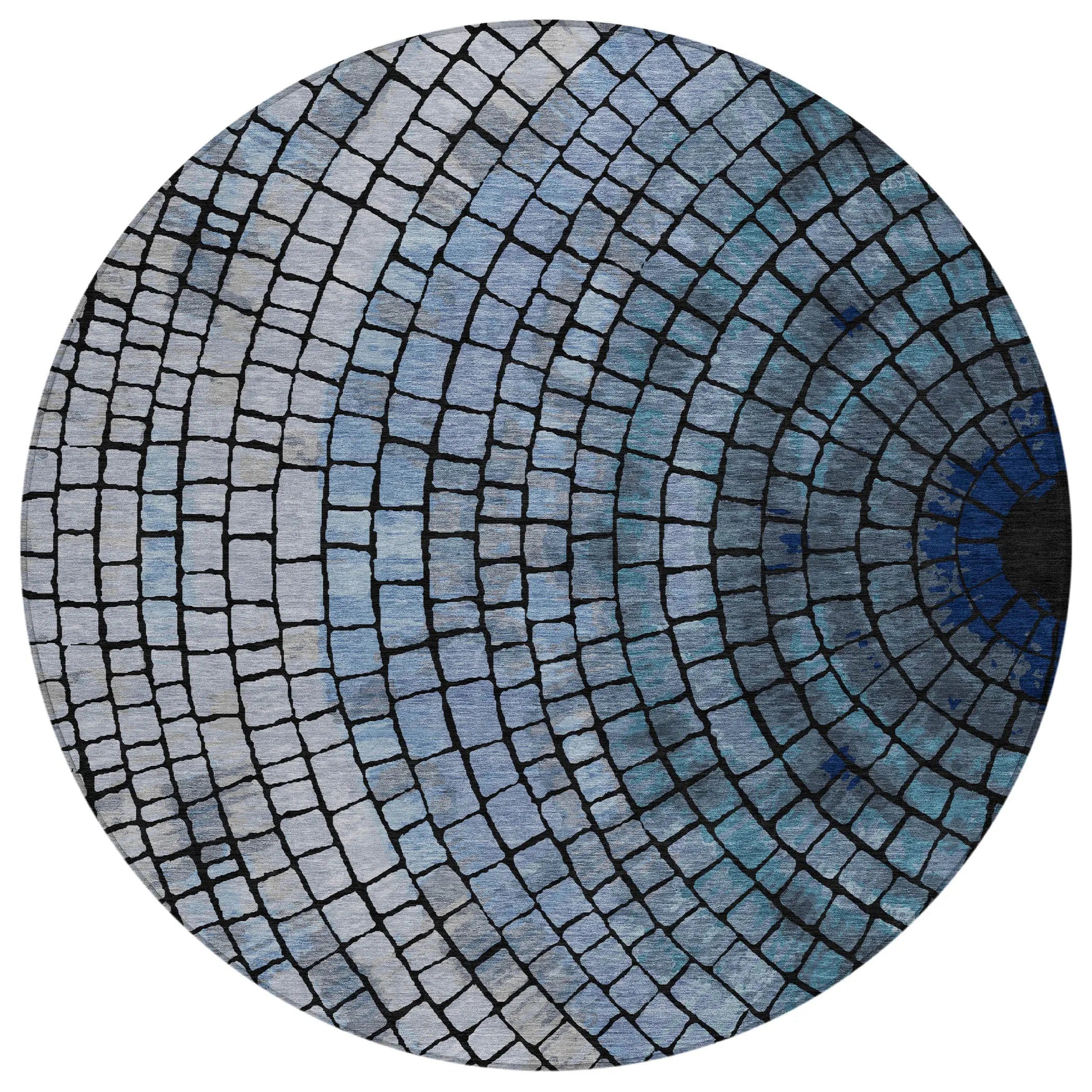 8' Denim Blue And Blue Round Geometric Washable Indoor Outdoor Area Rug Homeroots Outdoor