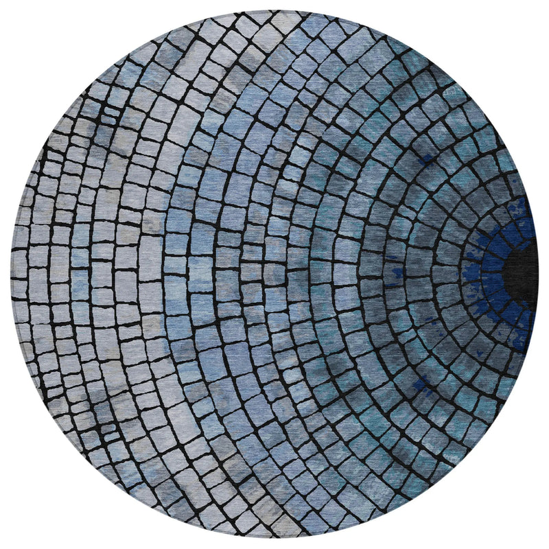 8' Denim Blue And Blue Round Geometric Washable Indoor Outdoor Area Rug Homeroots Outdoor