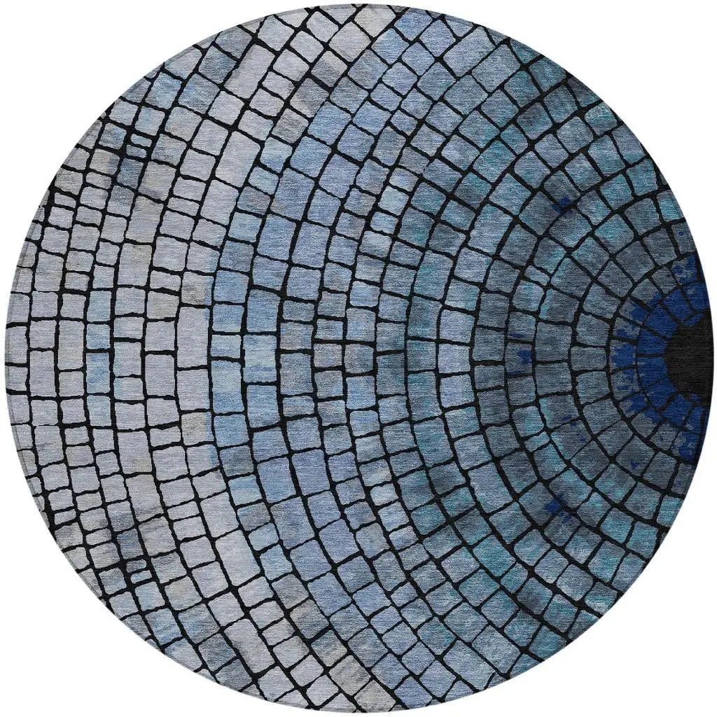 8' Denim Blue And Blue Round Geometric Washable Indoor Outdoor Area Rug Homeroots Outdoor