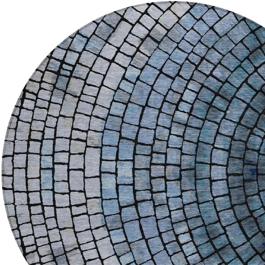 8' Denim Blue And Blue Round Geometric Washable Indoor Outdoor Area Rug Homeroots Outdoor