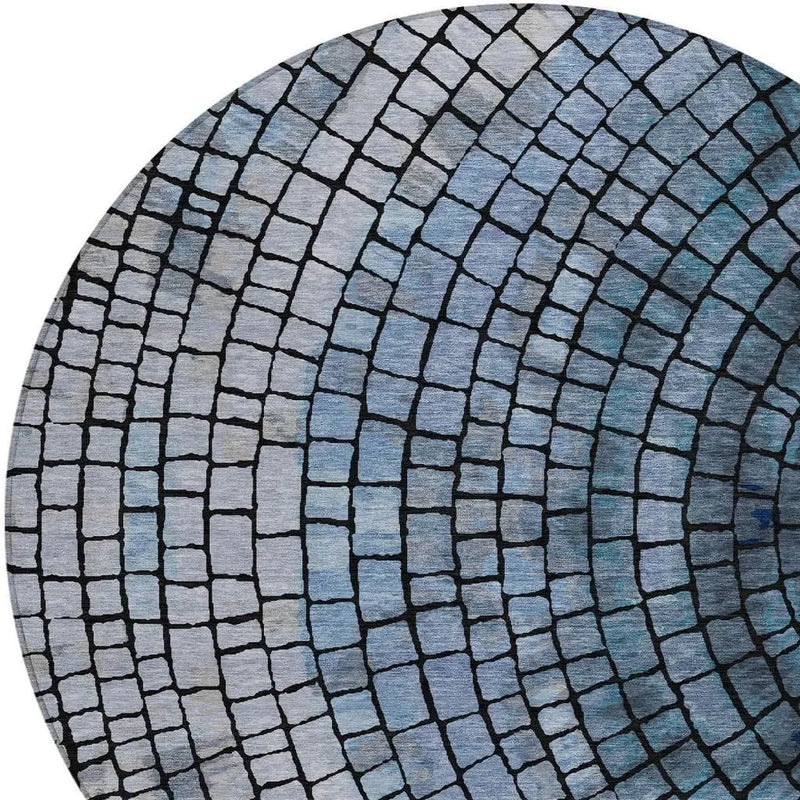 8' Denim Blue And Blue Round Geometric Washable Indoor Outdoor Area Rug Homeroots Outdoor