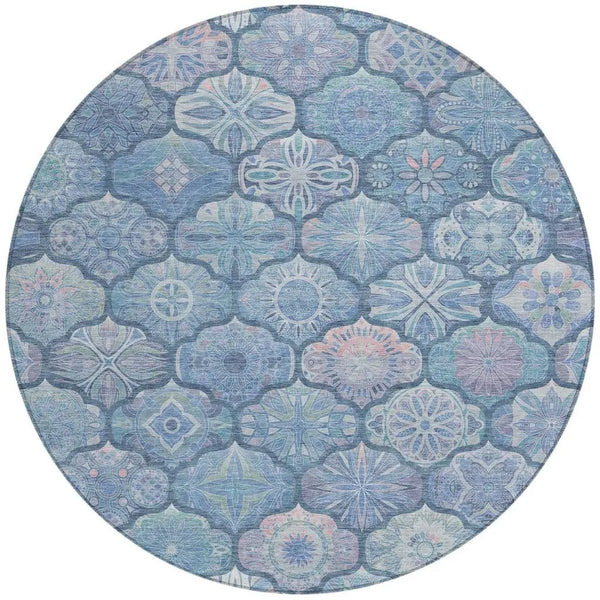 8' Denim Blue And Blue Round Ogee Washable Indoor Outdoor Area Rug Homeroots Outdoor