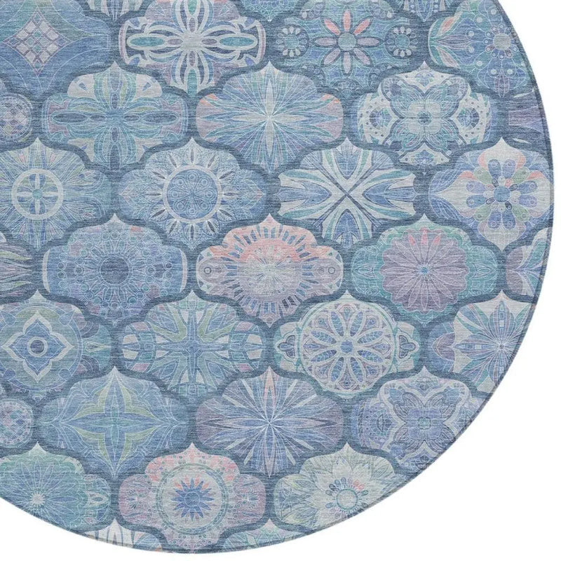 8' Denim Blue And Blue Round Ogee Washable Indoor Outdoor Area Rug Homeroots Outdoor