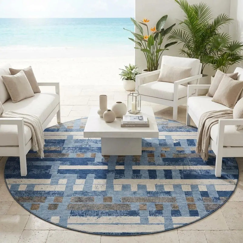 8' Denim Blue And Blue Round Striped Washable Indoor Outdoor Area Rug Homeroots Outdoor