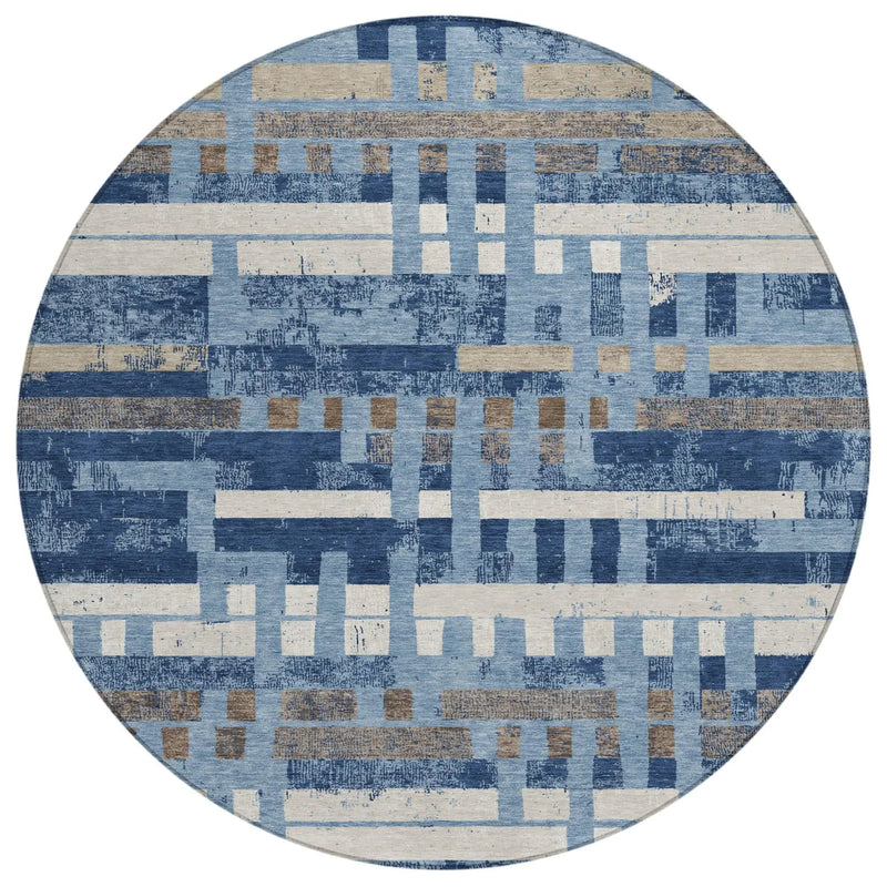 8' Denim Blue And Blue Round Striped Washable Indoor Outdoor Area Rug Homeroots Outdoor
