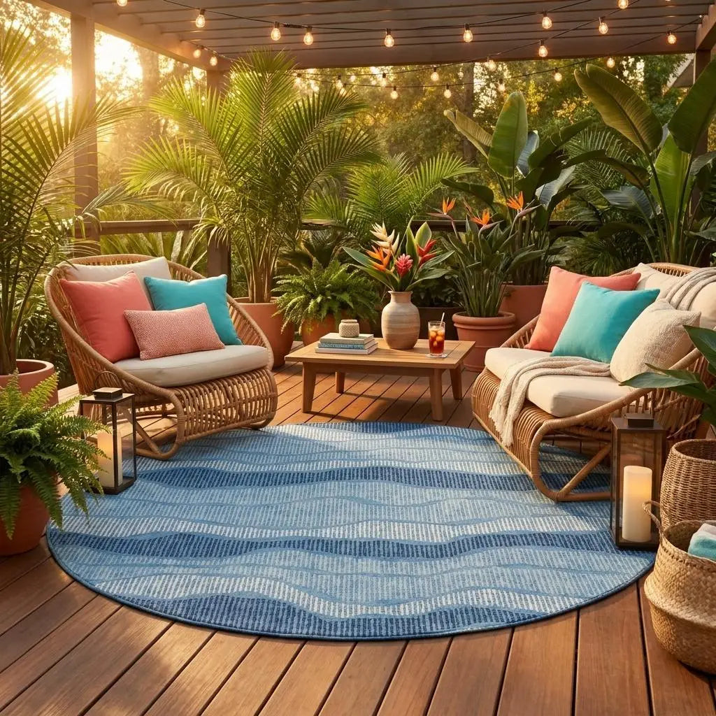 8' Denim Blue And Blue Round Striped Washable Indoor Outdoor Area Rug Homeroots Outdoor