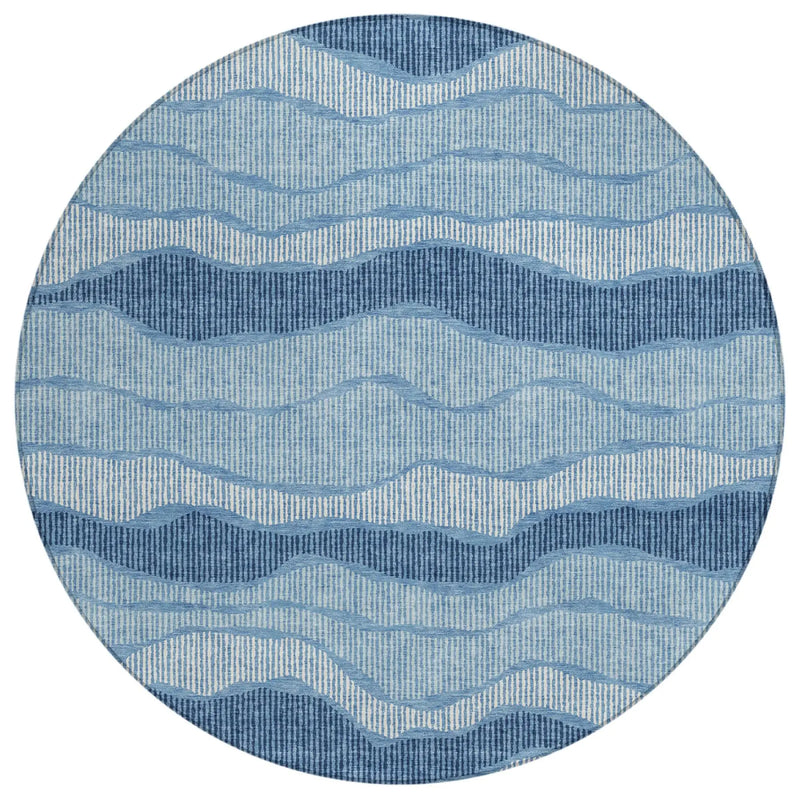 8' Denim Blue And Blue Round Striped Washable Indoor Outdoor Area Rug Homeroots Outdoor
