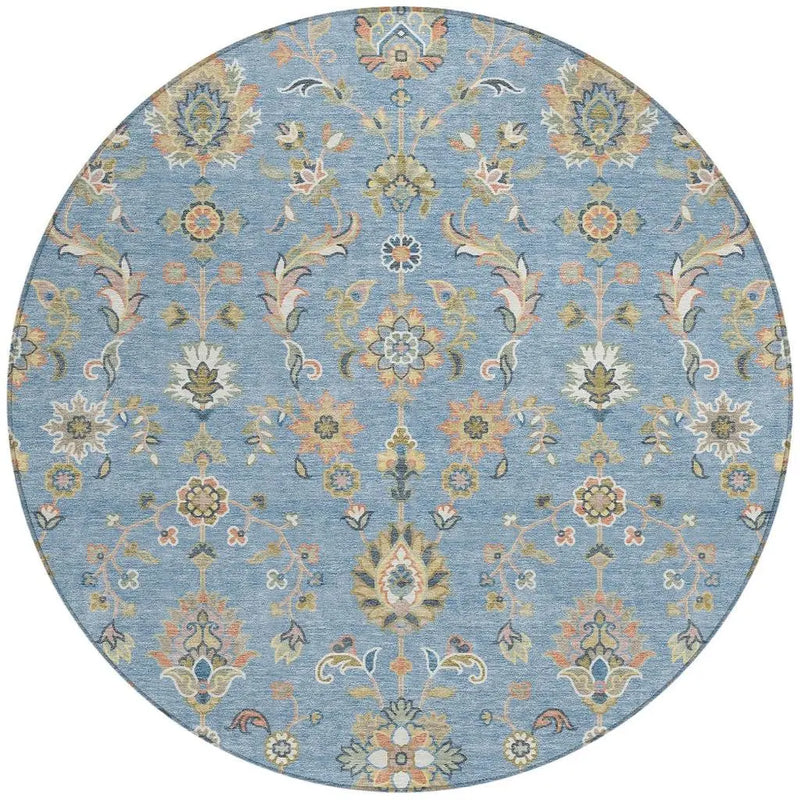 8' Denim Blue And Copper Round Abstract Washable Indoor Outdoor Area Rug Homeroots Outdoor