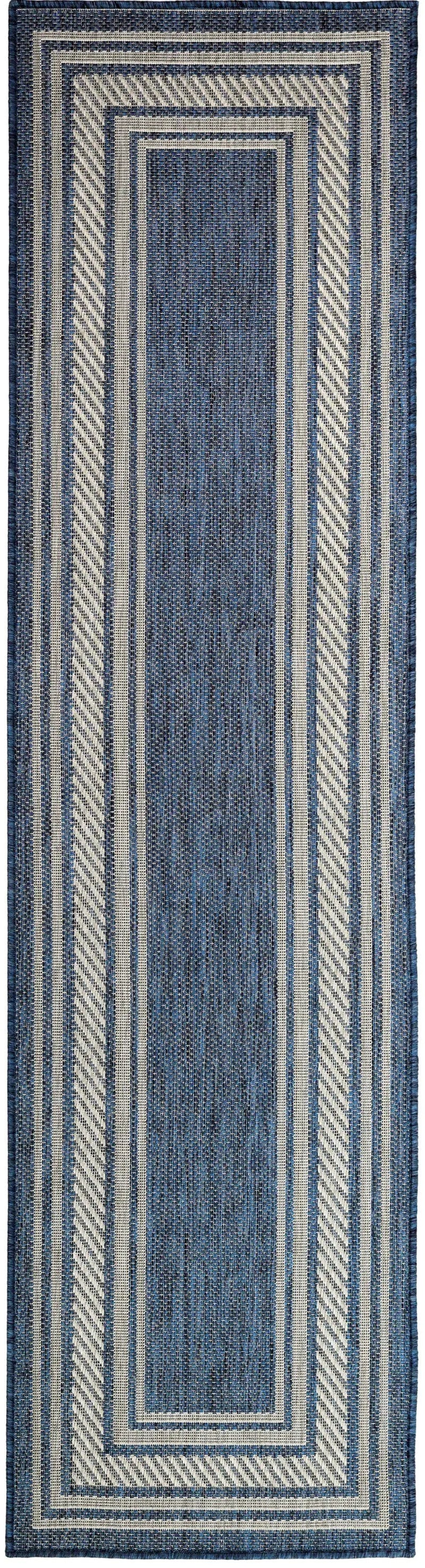 8' Denim Blue And Ivory Geometric Indoor Outdoor Runner Rug Homeroots Outdoor