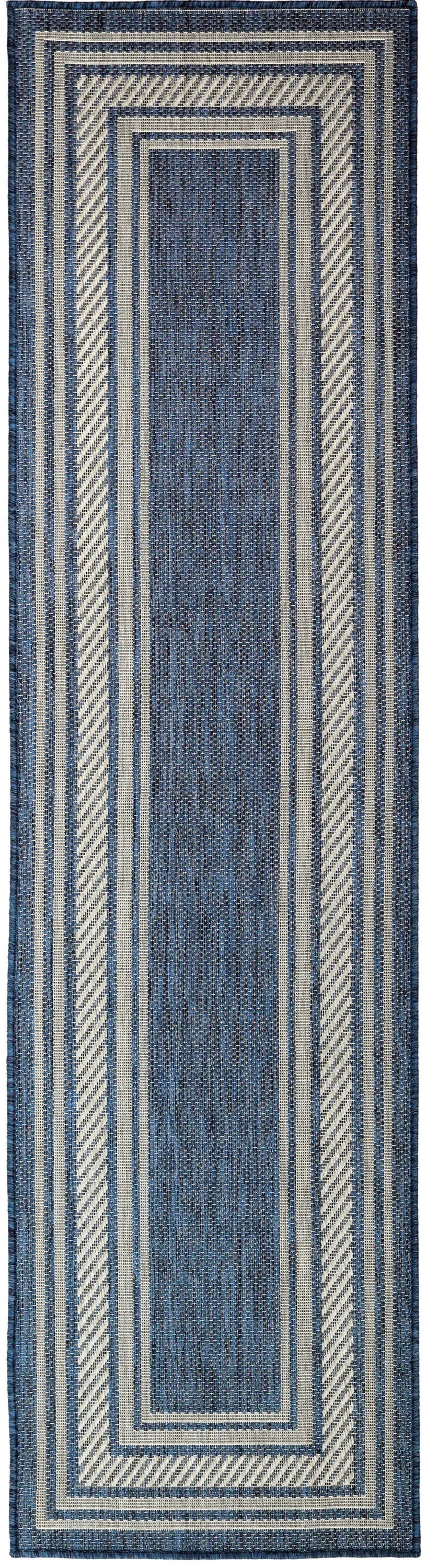 8' Denim Blue And Ivory Geometric Indoor Outdoor Runner Rug Homeroots Outdoor