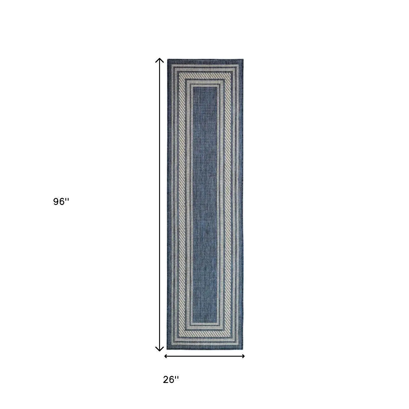 8' Denim Blue And Ivory Geometric Indoor Outdoor Runner Rug Homeroots Outdoor