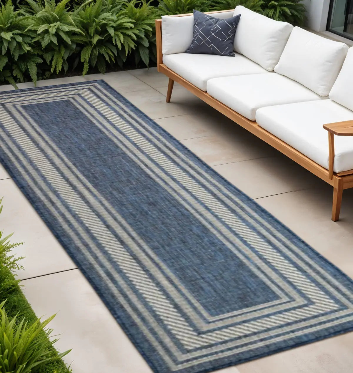 8' Denim Blue And Ivory Geometric Indoor Outdoor Runner Rug Homeroots Outdoor